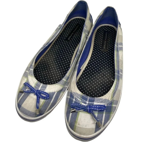TOMMY Hilfiger‎ Blue Plaid Tassle Canvas Slip On Shoes - Picture 1 of 8